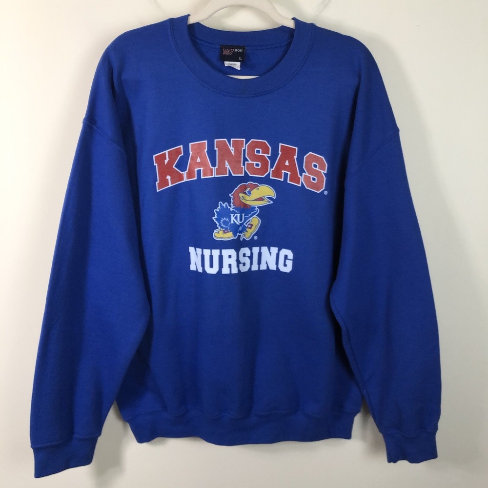 Kansas Jayhawks Nursing MV Sport Crewneck Long Sleeve Shirt Mens Sz L Blue NCAA